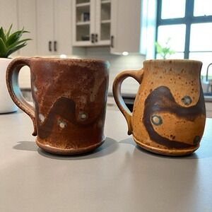 Handmade Studio Pottery Mugs Set of 2 – Brown Stoneware Drip Glaze – Signed PW